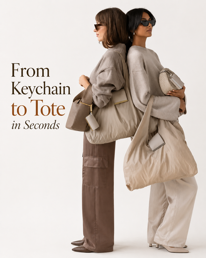 TinyTote foldable tote keychain in luxury cream and brown